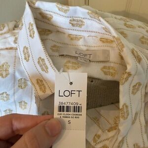 LOFT Cream and Gold Leaf Print Blouse